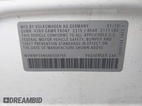 2010 Volkswagen CC Sport with VIN WVWMP7AN0AE539755, listed as a IAAI auction lot 41689569 with 169,004 mi miles and . Bid and sale history available at DreamBid. Image 9.