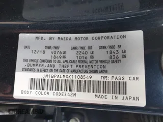 2019 Mazda 3 with VIN JM1BPALMXK1108549, listed as a IAAI auction lot 41943137 with 54,104 mi miles and . Bid and sale history available at DreamBid. Image 9.