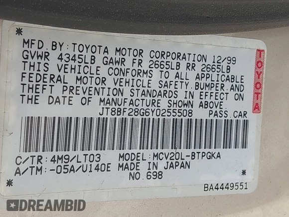 2000 Lexus ES 300 с VIN JT8BF28G6Y0255508, выставлен на аукционе IAAI как лот 39224066 с пробегом 194 386 миль миль и . История ставок и продаж доступна на DreamBid. Изображение 9.