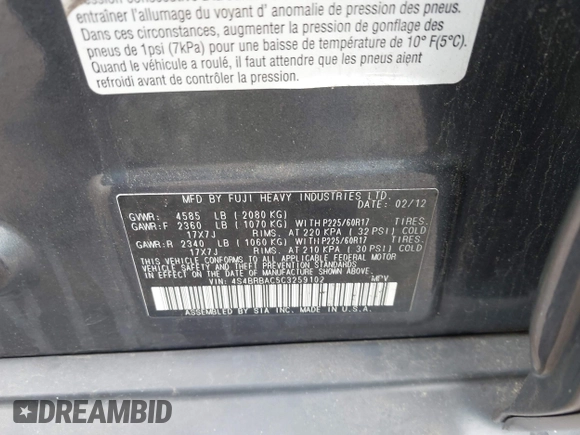 2012 Subaru Outback 2.5i с VIN 4S4BRBAC5C3259102, выставлен на аукционе IAAI как лот 42260042 с пробегом 134 849 миль миль и . История ставок и продаж доступна на DreamBid. Изображение 7.
