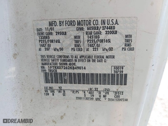 2002 Ford F-150 XL with VIN 1FTRX07262KB49014, listed as a IAAI auction lot 41518904 with 1 mi miles. Bid and sale history available at carsss.com. Image 9.
