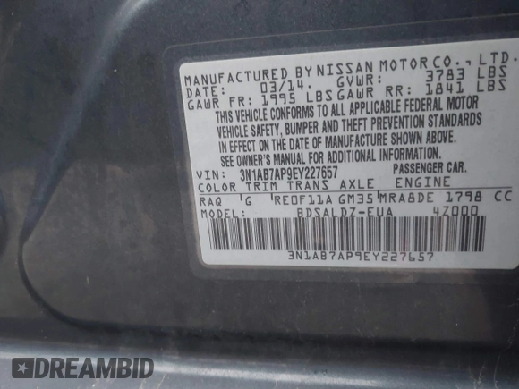 2014 Nissan Sentra S with VIN 3N1AB7AP9EY227657, listed as a IAAI auction lot 41463079 with 158,013 mi miles and . Bid and sale history available at DreamBid. Image 9.