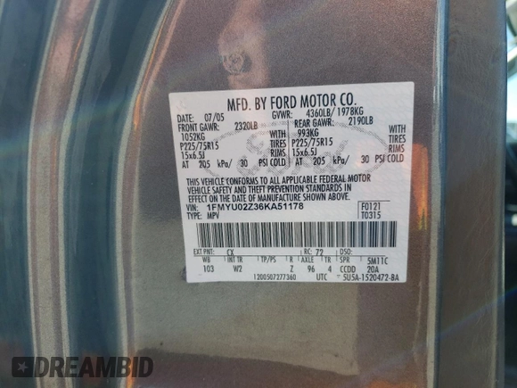 2006 Ford Escape XLS with VIN 1FMYU02Z36KA51178, listed as a Copart auction lot 45726595 with 135,124 mi miles and Salvage Title. Bid and sale history available at carsss.com. Image 13.