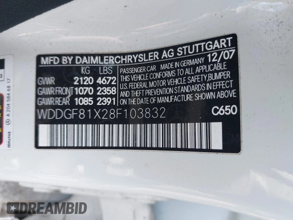 2008 Mercedes-Benz C 300 Sport with VIN WDDGF81X28F103832, listed as a IAAI auction lot 42506040 with 174,798 mi miles and . Bid and sale history available at DreamBid. Image 9.
