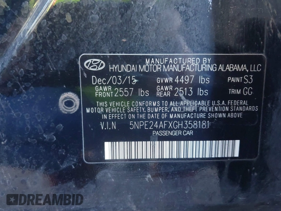 2016 Hyundai Sonata 2.4L with VIN 5NPE24AFXGH358181, listed as a IAAI auction lot 42024786 with 187,854 mi miles and . Bid and sale history available at carsss.com. Image 9.