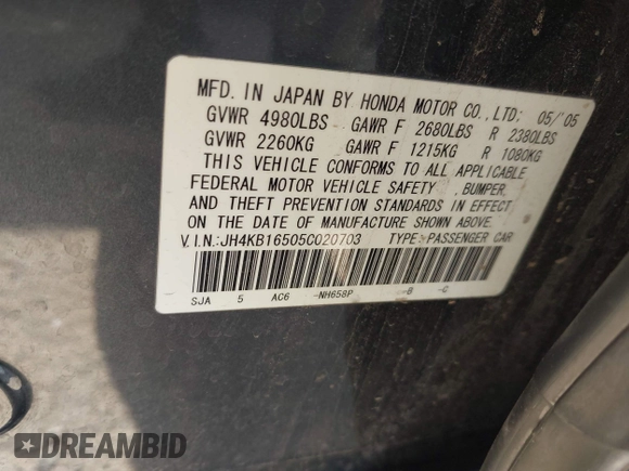 2005 Acura RL with VIN JH4KB16505C020703, listed as a IAAI auction lot 42599373 with Not provided miles and . Bid and sale history available at DreamBid. Image 9.