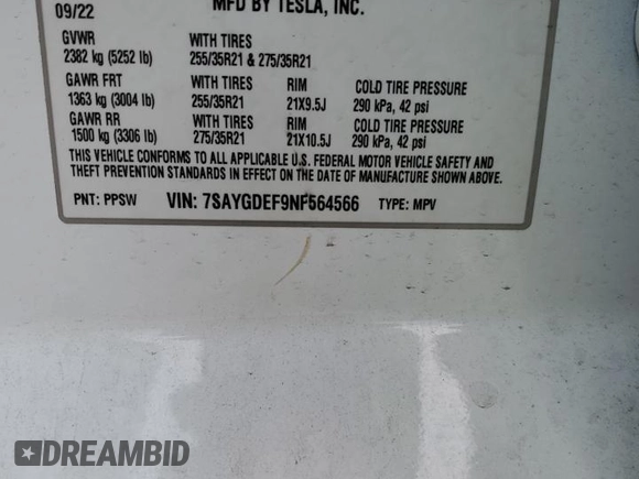 2022 Tesla Model Y Performance with VIN 7SAYGDEF9NF564566, listed as a Copart auction lot 53799715 with 38,963 mi miles and Salvage title. Bid and sale history available at DreamBid. Image 13.