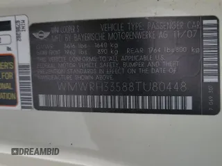 2008 MINI Convertible S with VIN WMWRH33588TU80448, listed as a Copart auction lot 87855235 with Not provided miles and Salvage title. Bid and sale history available at DreamBid. Image 14.