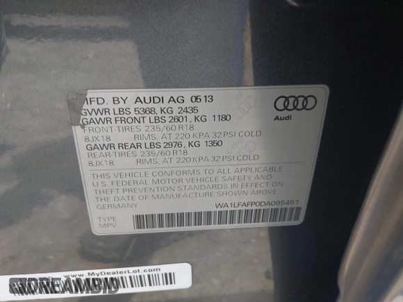 2013 Audi Q5 Premium Plus with VIN WA1LFAFP0DA095451, listed as a IAAI auction lot 42490814 with 132,613 mi miles and . Bid and sale history available at DreamBid. Image 9.