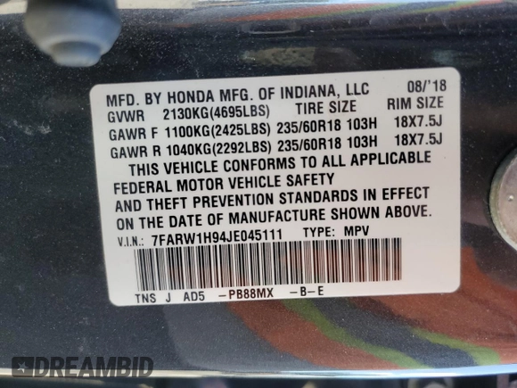 2018 Honda CR-V Touring with VIN 7FARW1H94JE045111, listed as a Copart auction lot 48748245 with 94,752 mi miles and Salvage Title. Bid and sale history available at DreamBid. Image 14.