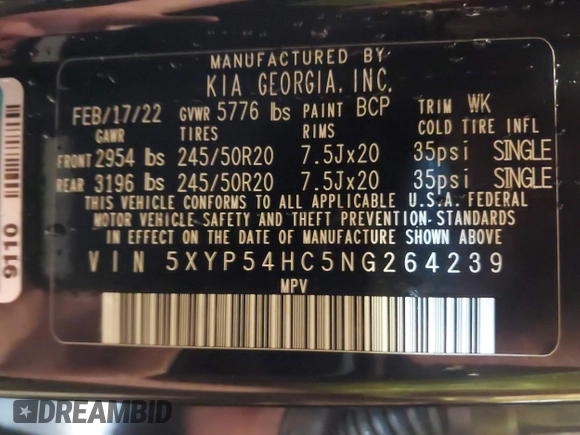 2022 Kia Telluride SX z VIN 5XYP54HC5NG264239, wystawiony jako IAAI lot #42259083 z przebiegiem 82 324 mil mil oraz . Historia ofert i sprzedaży dostępna na DreamBid. Obrazek 9.