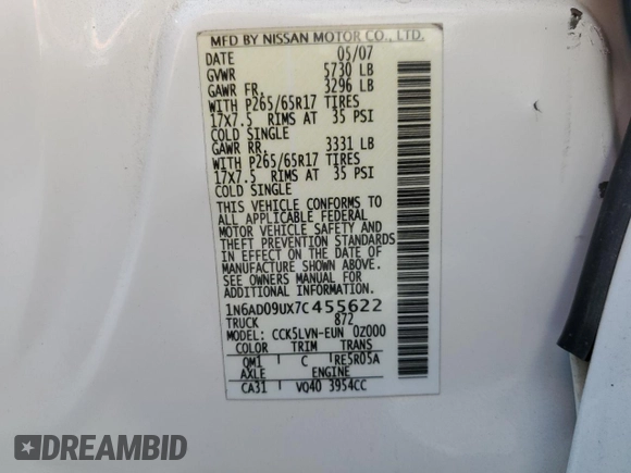 2007 Nissan Frontier SE с VIN 1N6AD09UX7C455622, выставлен на аукционе Copart как лот 61898555 с пробегом 192 186 миль миль и Списание • Salvage title. История ставок и продаж доступна на DreamBid. Изображение 12.