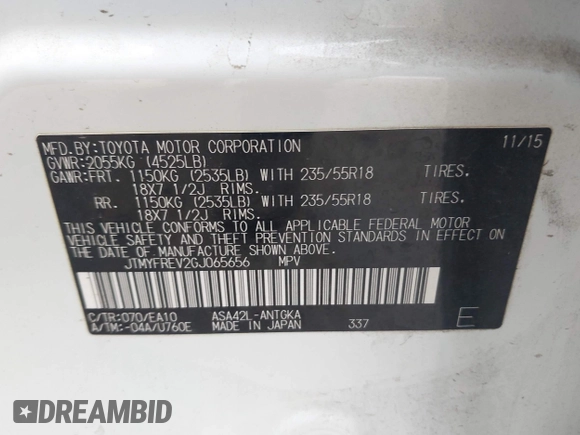 2016 Toyota RAV4 Limited with VIN JTMYFREV2GJ065656, listed as a IAAI auction lot 42575320 with 124,648 mi miles and . Bid and sale history available at DreamBid. Image 9.