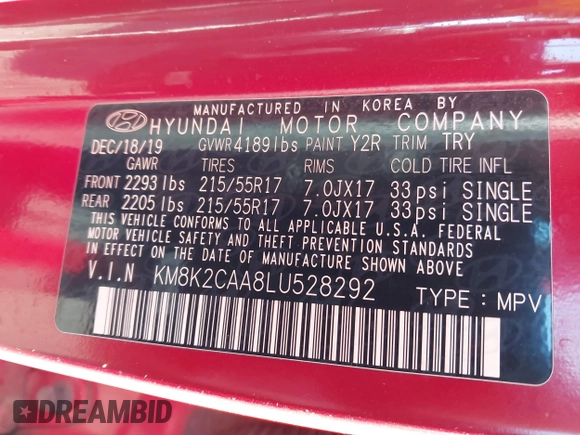2020 Hyundai Kona SEL with VIN KM8K2CAA8LU528292, listed as a IAAI auction lot 41584654 with 57,857 mi miles. Bid and sale history available at carsss.com. Image 9.