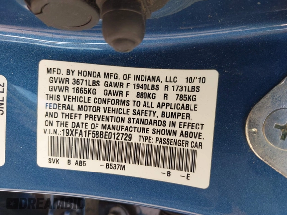 2011 Honda Civic LX with VIN 19XFA1F58BE012729, listed as a IAAI auction lot 41452667 with 100,921 mi miles and . Bid and sale history available at DreamBid. Image 9.