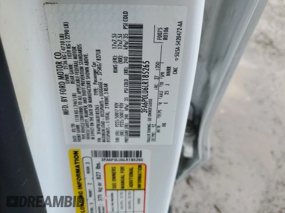 2020 Ford Fusion SE с VIN 3FA6P0LU6LR185265, выставлен на аукционе Copart как лот 55977285 с пробегом Не указан миль и Списание • Salvage title. История ставок и продаж доступна на DreamBid. Изображение 12.