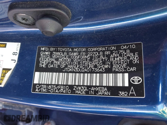 2010 Toyota Prius II with VIN JTDKN3DU2A0173643, listed as a IAAI auction lot 42088644 with 141,114 mi miles. Bid and sale history available at carsss.com. Image 9.