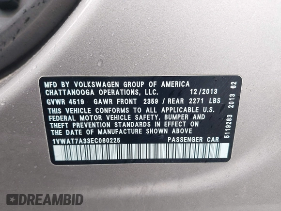 2014 Volkswagen Passat Wolfsburg Edition with VIN 1VWAT7A33EC060225, listed as a IAAI auction lot 41818949 with 163,545 mi miles and . Bid and sale history available at DreamBid. Image 9.