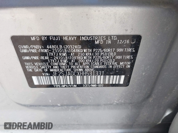 2017 Subaru Forester Premium with VIN JF2SJAGCXHH531331, listed as a IAAI auction lot 41802625 with 86,000 mi miles. Bid and sale history available at carsss.com. Image 9.