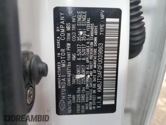 2015 Hyundai Tucson GLS with VIN KM8JT3AF0FU039863, listed as a Copart auction lot 51347815 with 104,469 mi miles and Salvage Title. Bid and sale history available at DreamBid. Image 13.