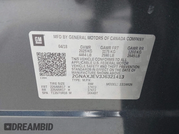 2018 Chevrolet Equinox LT with VIN 2GNAXJEV3J6321413, listed as a IAAI auction lot 42215963 with 182,575 mi miles and . Bid and sale history available at DreamBid. Image 9.
