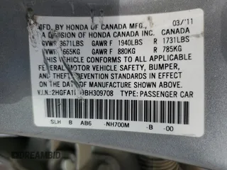 2011 Honda Civic LX with VIN 2HGFA1F59BH309708, listed as a Copart auction lot 53485515 with 215,954 mi miles and Salvage Title. Bid and sale history available at DreamBid. Image 14.