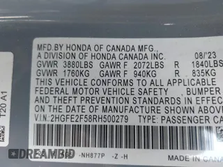 2024 Honda Civic Sedan Sport with VIN 2HGFE2F58RH500279, listed as a IAAI auction lot 41967079 with 29,855 mi miles. Bid and sale history available at carsss.com. Image 9.