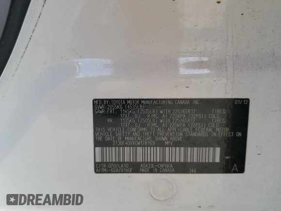 2012 Toyota RAV4 Limited с VIN 2T3DF4DVXCW178169, выставлен на аукционе Copart как лот 60079705 с пробегом 125 326 миль миль и Списание • Salvage title. История ставок и продаж доступна на DreamBid. Изображение 13.