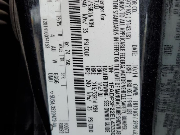 2014 Ford Focus SE with VIN 1FADP3F22EL433306, listed as a Copart auction lot 52242515 with 133,140 mi miles and Salvage Title. Bid and sale history available at carsss.com. Image 15.