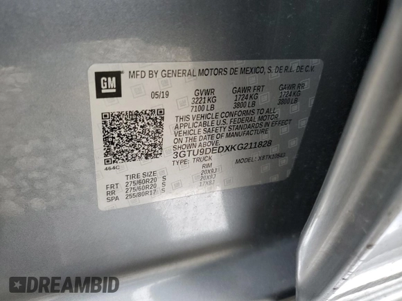 2019 GMC Sierra 1500 SLT z VIN 3GTU9DEDXKG211828, wystawiony jako Copart lot #84174264 z przebiegiem Nie podano mil oraz Szkoda całkowita • Salvage title. Historia ofert i sprzedaży dostępna na DreamBid. Obrazek 15.