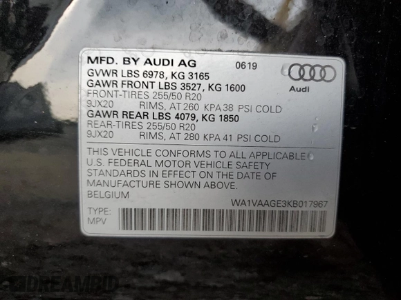 2019 Audi e-tron Prestige with VIN WA1VAAGE3KB017967, listed as a Copart auction lot 60783903 with 50,719 mi miles. Bid and sale history available at carsss.com. Image 14.