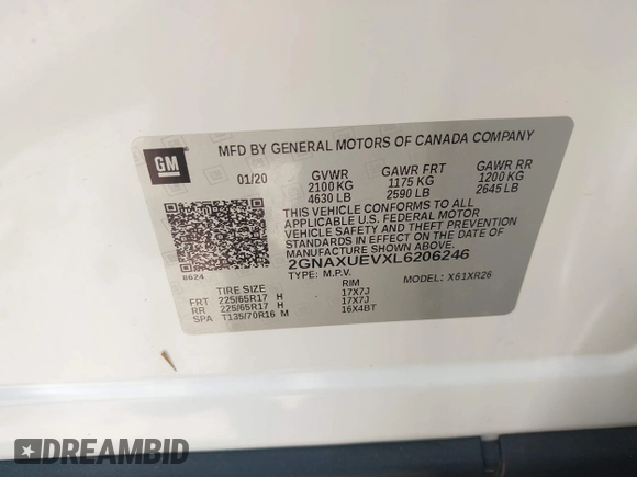 2020 Chevrolet Equinox LT with VIN 2GNAXUEVXL6206246, listed as a IAAI auction lot 42240708 with 141,538 mi miles and . Bid and sale history available at DreamBid. Image 9.