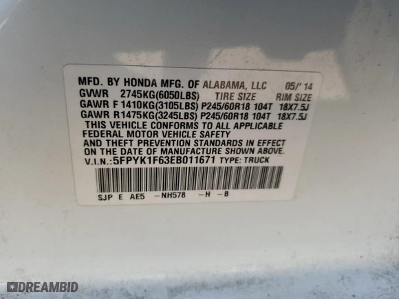 2014 Honda Ridgeline SE with VIN 5FPYK1F63EB011671, listed as a Copart auction lot 48214325 with 81,148 mi miles and Salvage Title. Bid and sale history available at carsss.com. Image 12.