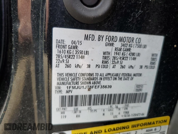 2015 Ford Expedition XLT with VIN 1FMJU1JT8FEF35639, listed as a Copart auction lot 50955415 with 136,951 mi miles and Clean title. Bid and sale history available at DreamBid. Image 13.