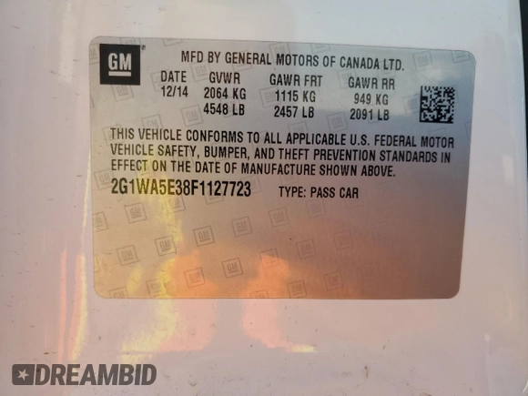 2015 Chevrolet Impala LS with VIN 2G1WA5E38F1127723, listed as a Copart auction lot 52795125 with Not provided miles and Salvage title. Bid and sale history available at DreamBid. Image 12.