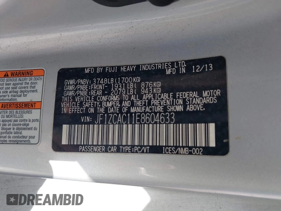 2014 Subaru BRZ Limited with VIN JF1ZCAC11E8604633, listed as a IAAI auction lot 41466704 with 142,025 mi miles. Bid and sale history available at carsss.com. Image 9.