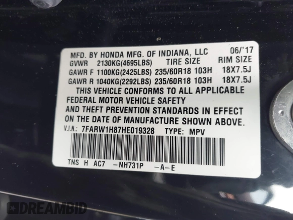 2017 Honda CR-V EX-L with VIN 7FARW1H87HE019328, listed as a IAAI auction lot 41756130 with 62,763 mi miles. Bid and sale history available at carsss.com. Image 9.