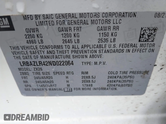 2022 Buick Envision Preferred with VIN LRBAZLR42ND022064, listed as a IAAI auction lot 41656353 with 68,530 mi miles and . Bid and sale history available at DreamBid. Image 9.