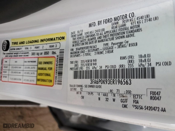 2014 Ford Fusion Titanium with VIN 3FA6P0K93ER196563, listed as a Copart auction lot 50834325 with 180,294 mi miles and Non Repairable. Bid and sale history available at carsss.com. Image 12.
