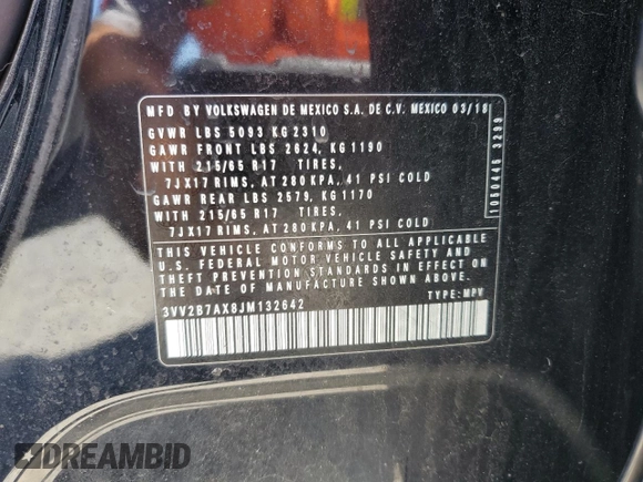 2018 Volkswagen Tiguan SEL с VIN 3VV2B7AX8JM132642, выставлен на аукционе Copart как лот 57807325 с пробегом 66 292 миль миль и Списание • Salvage title. История ставок и продаж доступна на DreamBid. Изображение 14.