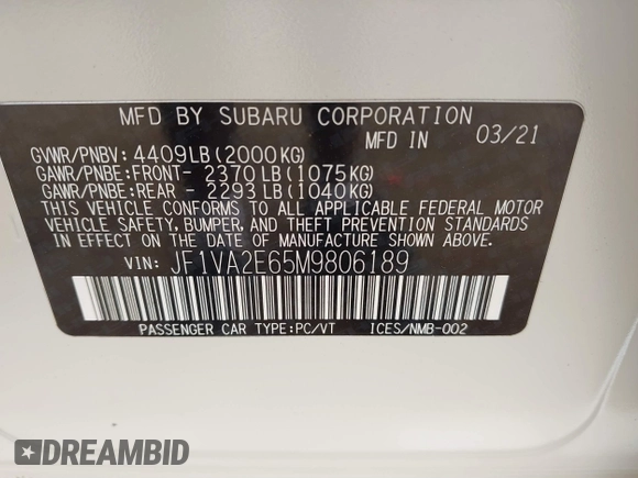 2021 Subaru WRX STI with VIN JF1VA2E65M9806189, listed as a IAAI auction lot 41876504 with 56,666 mi miles and . Bid and sale history available at DreamBid. Image 9.