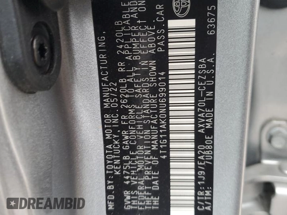 2022 Toyota Camry SE with VIN 4T1G11AK0NU699014, listed as a Copart auction lot 80945024 with 52,991 mi miles and Non Repairable. Bid and sale history available at DreamBid. Image 13.