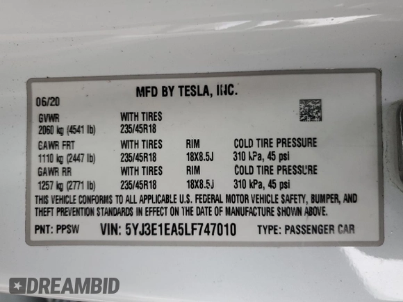 2020 Tesla Model 3 Standard Range Plus with VIN 5YJ3E1EA5LF747010, listed as a Copart auction lot 50937975 with Not Provided miles and Salvage Title. Bid and sale history available at DreamBid. Image 15.