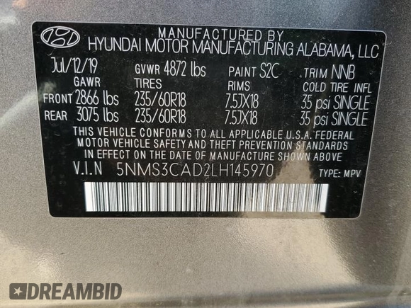 2020 Hyundai Santa Fe SEL with VIN 5NMS3CAD2LH145970, listed as a Copart auction lot 64923902 with 15,713 mi miles. Bid and sale history available at carsss.com. Image 10.