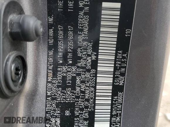 2015 Toyota Sienna XLE with VIN 5TDYK3DC9FS552119, listed as a Copart auction lot 55424515 with 108,307 mi miles and Salvage title. Bid and sale history available at DreamBid. Image 14.