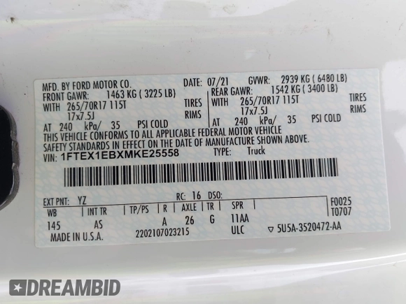 2021 Ford F-150 XL with VIN 1FTEX1EBXMKE25558, listed as a IAAI auction lot 41964121 with 31,488 mi miles and . Bid and sale history available at DreamBid. Image 9.