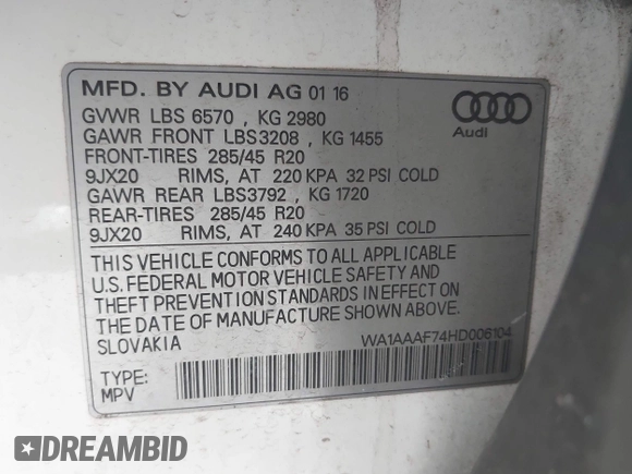 2017 Audi Q7 Premium with VIN WA1AAAF74HD006104, listed as a IAAI auction lot 42554741 with 95,276 mi miles and . Bid and sale history available at DreamBid. Image 9.