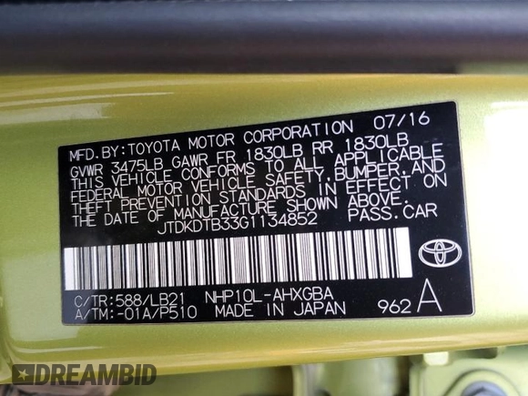 2016 Toyota Prius One with VIN JTDKDTB33G1134852, listed as a Copart auction lot 52701985 with 85,165 mi miles and Salvage Title. Bid and sale history available at DreamBid. Image 12.