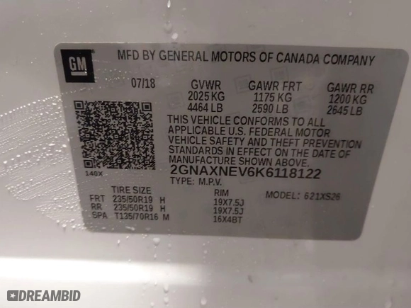 2019 Chevrolet Equinox Premier with VIN 2GNAXNEV6K6118122, listed as a IAAI auction lot 41551786 with 128,948 mi miles. Bid and sale history available at carsss.com. Image 9.