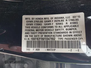 2015 Honda Civic Sedan EX-L with VIN 19XFB2F95FE047952, listed as a IAAI auction lot 41803118 with 1 mi miles. Bid and sale history available at carsss.com. Image 9.
